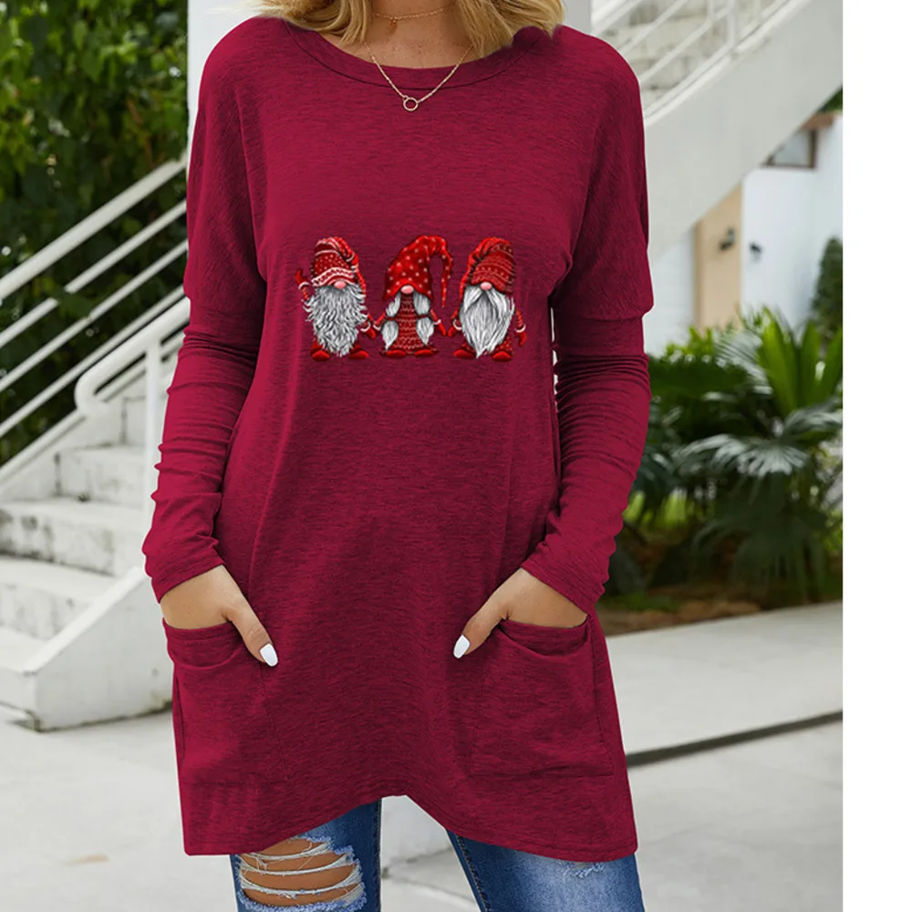 2021 Women's Spring And Autumn Winter Santa Print Loose Long Sleeve T-shirt Women images - 6