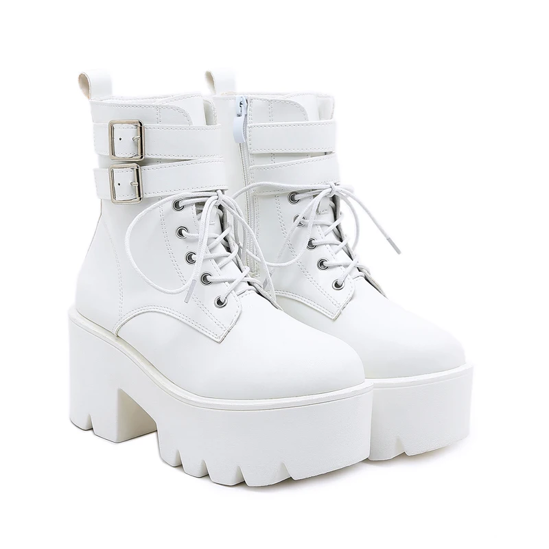 

Белые ботинки на платформе, новая обувь в стиле рок, мотоциклетные ботинки в стиле панк с круглым носком и пряжкой, ботинки на массивном каблуке, Мартин, платформа
