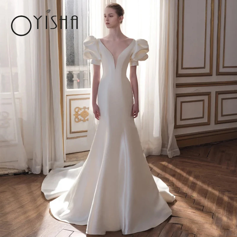 

OYISHA Illusion Back Buttons Wedding Dress Simple Satin Mermaid Bridal Gowns Sexy V-Neck Puff Sleeves vestido de noiva For Women