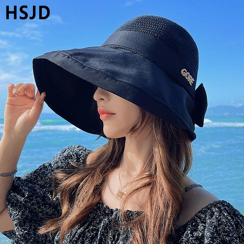 Пляжная шляпа с бантом и широкими полями для женщин однотонная Панама от солнца