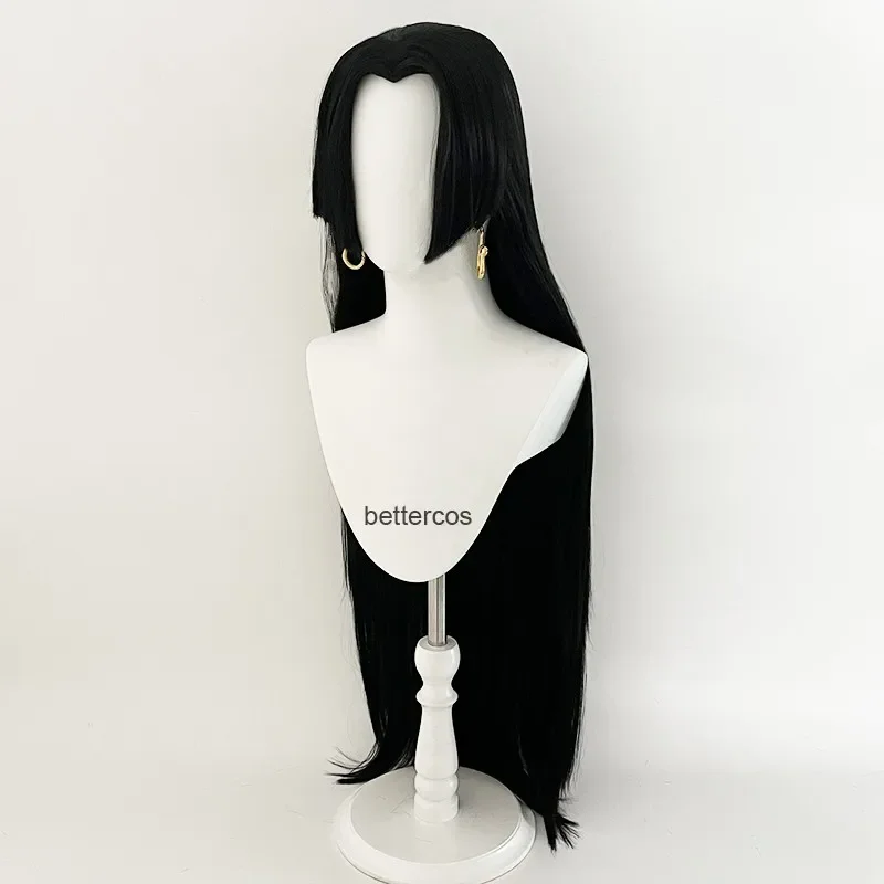 Парик для косплея аниме Boa Hancock с серьгами длинные черные прямые Термостойкие