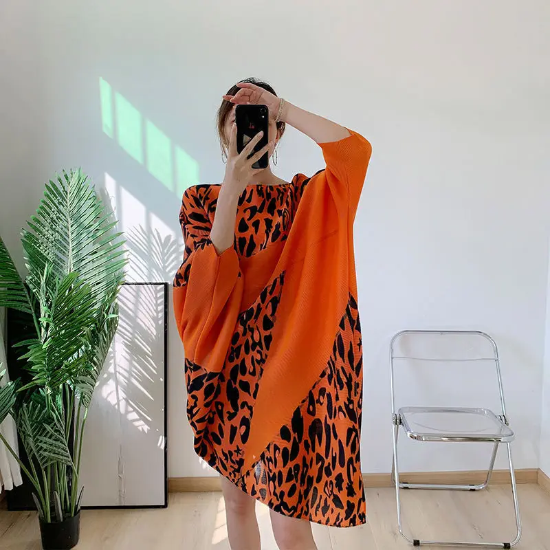 

2022 Leopard Print Splicing Irregular Bat Sleeve Midi Dress Summer Elegant Loose Waist Women Korean Vintage Casual Party Dresses