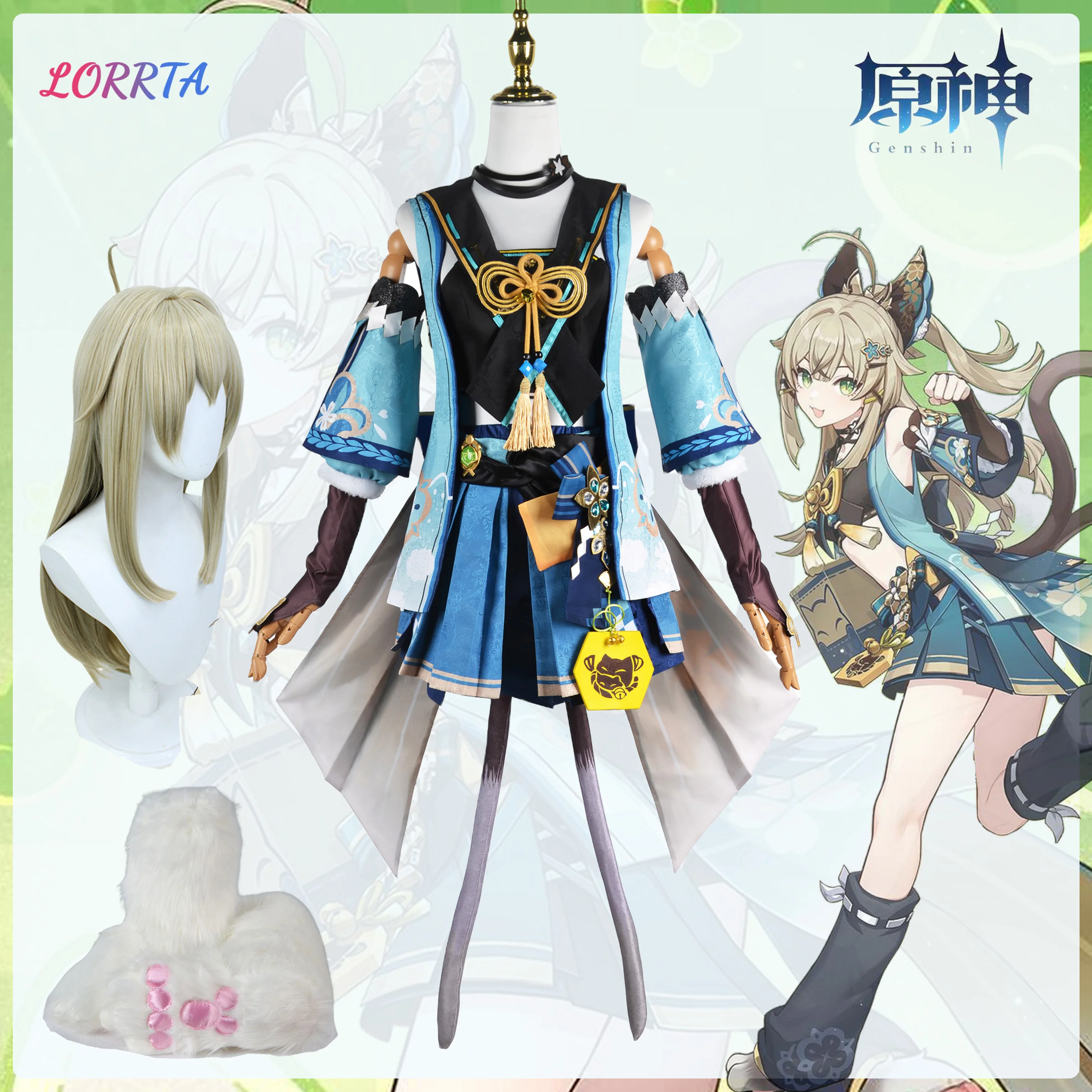 Костюм для косплея Kirara Genshin ударопрочный костюм парик кошачий хвост уши обувь