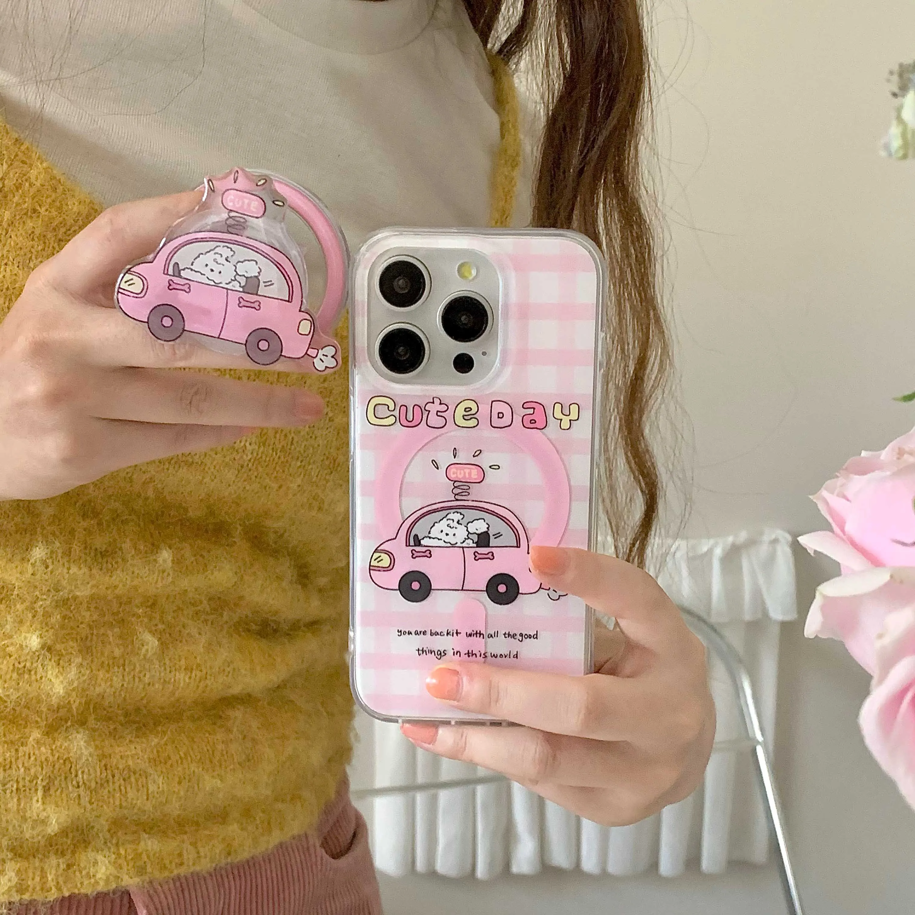 Магнитные Чехлы розового цвета для iphone 15pro 13 15promax 14promax 14 15 12 pro max мультяшный щенок