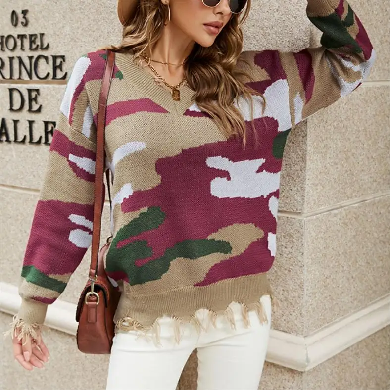 

Женский трикотажный свитер средней длины, теплый свитер с длинным рукавом и V-образным вырезом, украшенный бахромой и полосками, Осень-зима ...