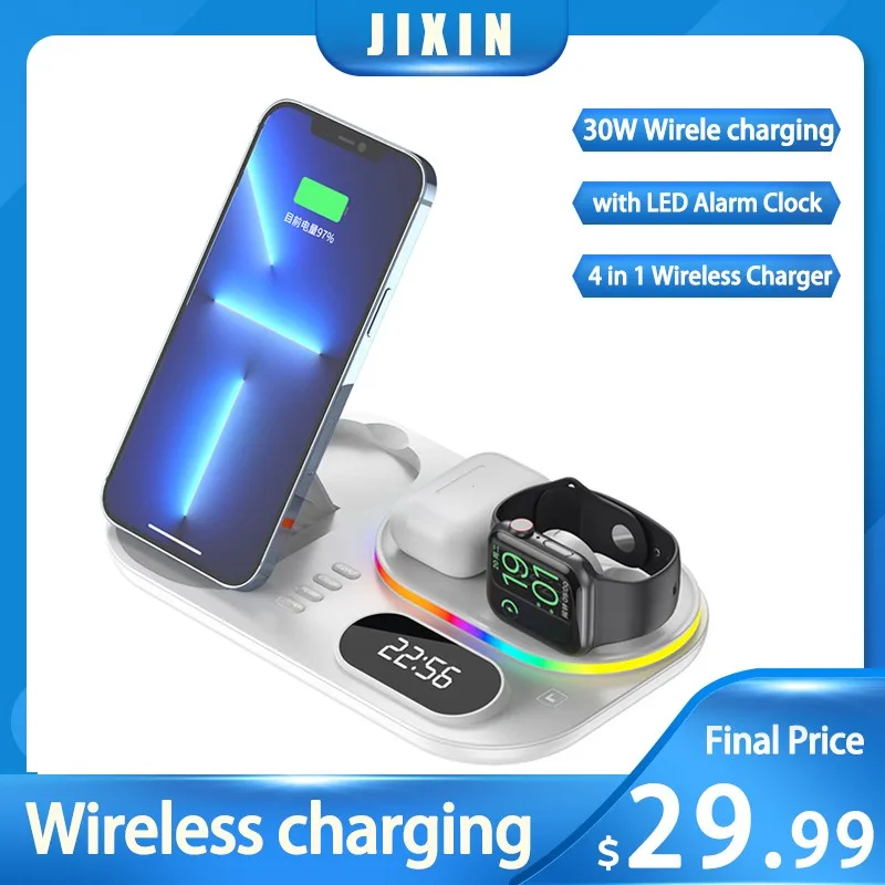 

4 in 1 Wireless Charger 30W LED Alarm Clock For iPhone 13 Pro/12/11/XR/8 15W Qi Wireless Chaging Staion for apple watch 7/6/5/4