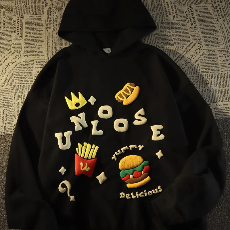 Hip Hop Men Hoodie Sweatshirts Retro Hamburger Print Streetwear Hooded Harajuku Fashion Casual Loose Pullover Hoodies Couple