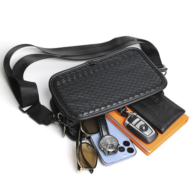 Men's Casual Shoulder Bags Retro Braid Messenger Bag PU Leather Crossbody Bags Japanese Tooling Minimalist Shoulder Bags for Men