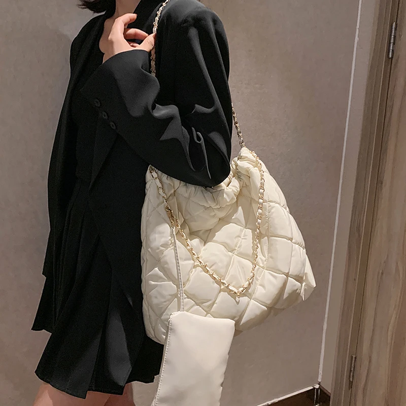 Fashion Lingge Chains Large Capacity Tote Bag Designer Quilted Women Shoulder Bags Nylon Down Cotton Crossbody Bag 2 Bags Set