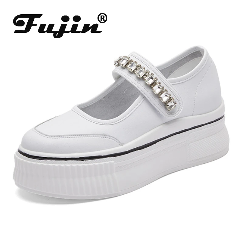 

Fujin 8cm Qualite Genuine Leather Summer Autumn Round Toe Comfy Platform Wedge Leisure Breathable Bling Shallow Rhinestone Shoes