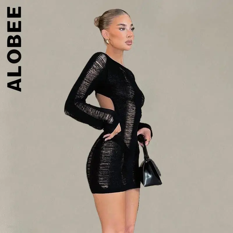 

Alobee Fashion Women Dress Korean Dresses Cut Out Long Sleeve Dress Soft Outfits Vintage Stylish Vestidos Female Clothing