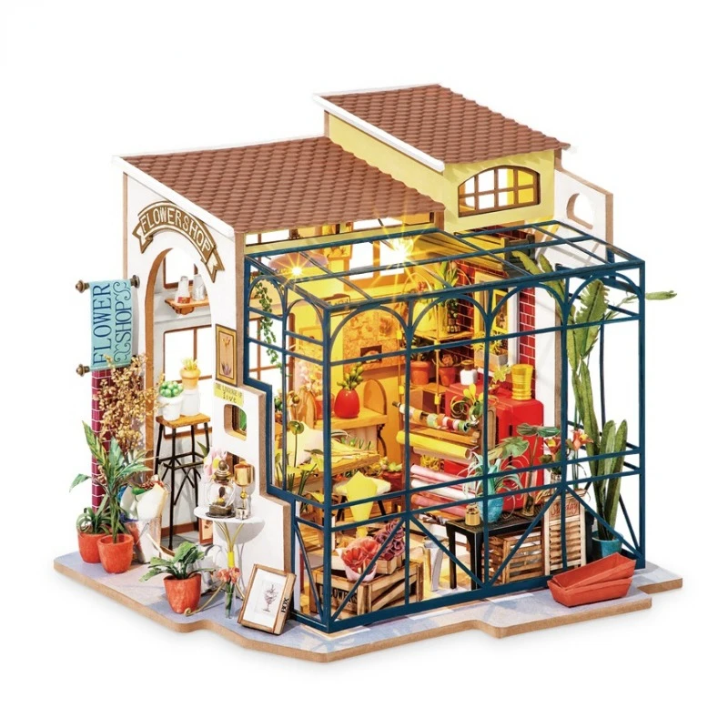 

DIY цветочный магазин Эмили кукольный домик с мебелью для детей и взрослых миниатюрный кукольный домик деревянные наборы игрушка DG145 креативные подарки игрушки