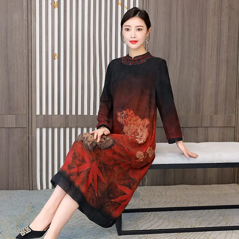 

Женское платье в китайском стиле Ципао, свободное платье большого размера с этническим принтом, модное ретро платье с длинным рукавом, T394, осень 2022