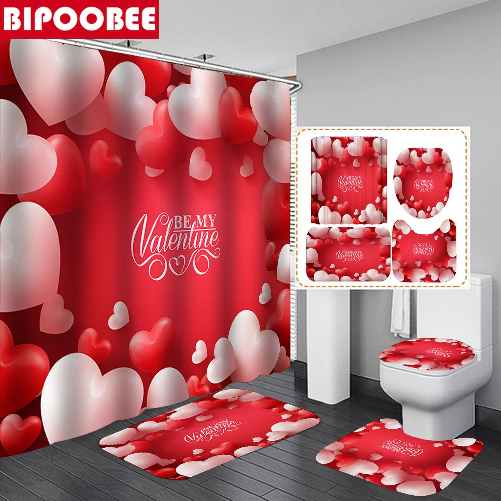 

Red Heart Printed Shower Curtain for Bathroom Valentine Decor Mildew Proof Durable Bath Mats Rugs Toilet Cover Non-slip Carpet