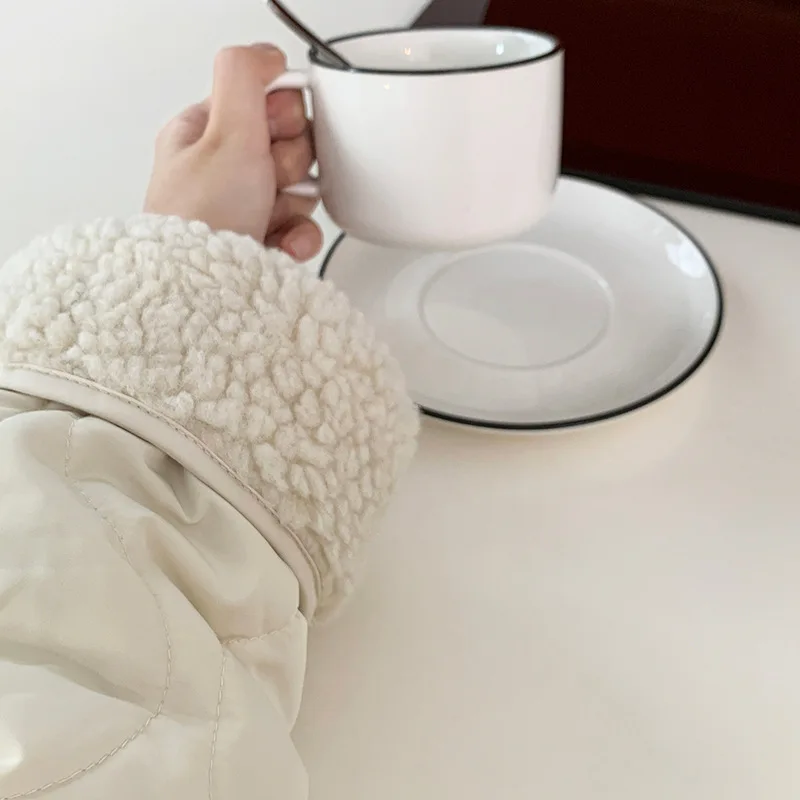 V-Neck Splice Lamb Wool Cotton Coat Women's 2022 Autumn and Winter Cotton Coat
