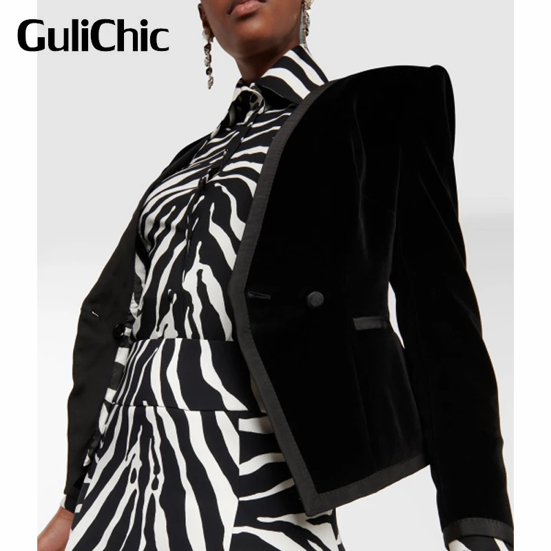 

12.5 GuliChic Women Fashion Black V-Neck Shoulder Pads Patchwork Zebra Stripes Lining Double Breasted Slim Velvet Blazer