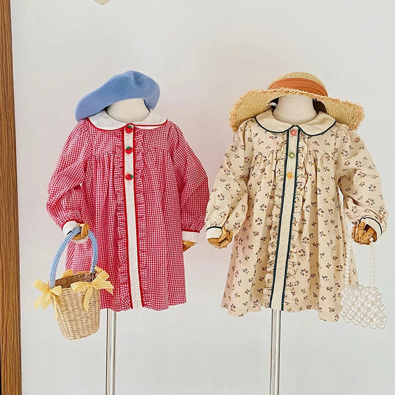 

Осеннее длинное цветочное хлопковое платье с воротником в клетку для девочек, новое платье для маленьких девочек 2022, платье с рукавом