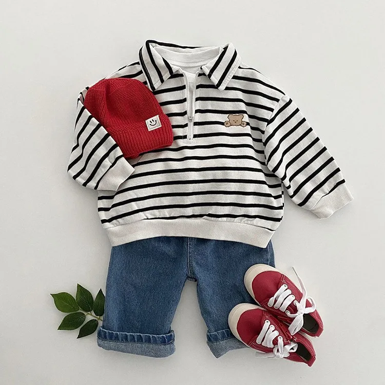 Criscky Baby Boys Girls Striped T-shirts Lapel Kids T-shirt Children Tees Tops Long-sleeve Clothes for Spring Kids Outfits