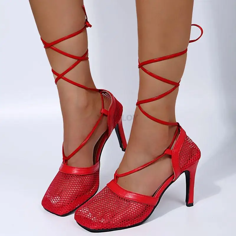 

Туфли женские сетчатые с квадратным носком, пикантные сандалии на высоком каблуке, на шнуровке, с перекрестной шнуровкой, туфли-лодочки с вырезами, Ytmtloy 3, лето-осень