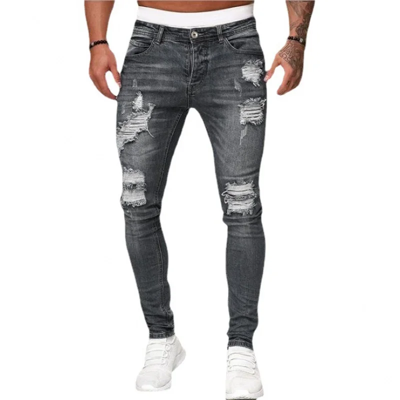 2022Factory Direct Sales European and American Foreign Trade New Ripped Matte White Slim-Fit Denim Trousers Vintage Fashion Skin