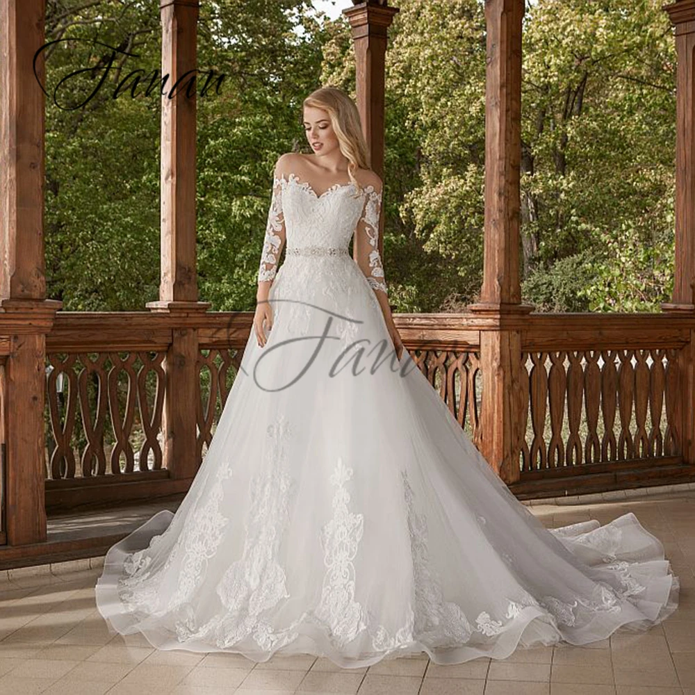 

Classic O-Neck A-Line robe de mariée Ruched Lace Appliques Wedding Dresses Long Sleeve Sweep Trian Bridal Gown vestido de noiva