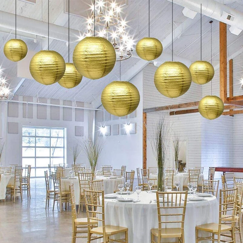 

12PCS/Lot Golden Wedding Paper Lantern Chinese Lantern Paper Ball Festival Party Wedding Outdoor Lantern Hanging Decoration