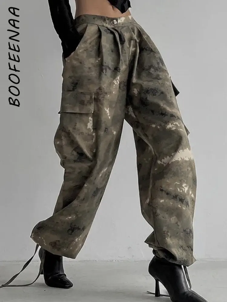 

BOOFEENAA Camo Cargo Pants Women Streetwear Y2k Vintage Print Drawstring Baggy Pants 2023 Fashion Casual Trousers C85-FZ31