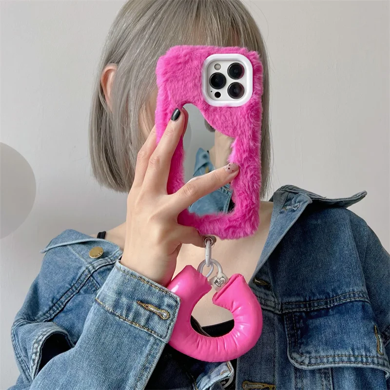 

Leather Hand Loop Pendant Phone Case For iPhone 14 Plus 11 12 13 14 Pro Max Cover Cute Fur Fluffy Protective Cases Soft