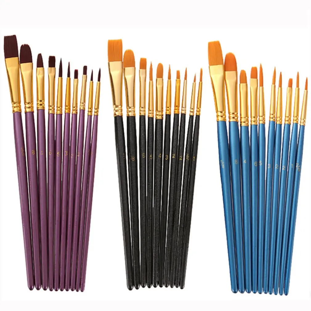 

Artist Paint Brush Set 10Pcs High Quality Nylon Hair Wood Black Handle Watercolor Acrylic Oil Brush Painting Art Supplies