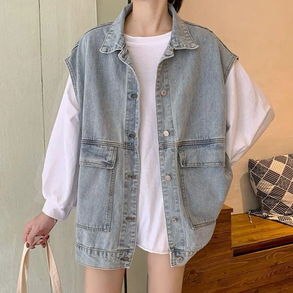 

Women Denim Waistcoat Lapel Sleeveless Broad Shoulder Denim Vest Autumn Single Breasted Flap Pockets Cardigan Vest Tops