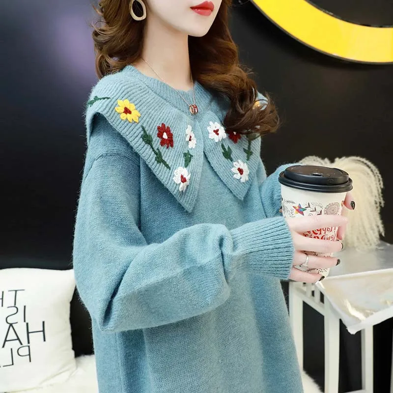 

Свитер DAYIFUN женский оверсайз однотонный, вязаный джемпер с круглым воротником и цветочным принтом, Свободный Длинный пуловер