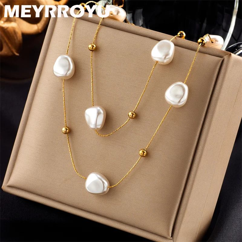 

MEYRROYU 316L Stainless Steel 2022 New Freshwater Pearl Double Layer Necklace For Women Party Jewelry Bijoux Accessories Collar