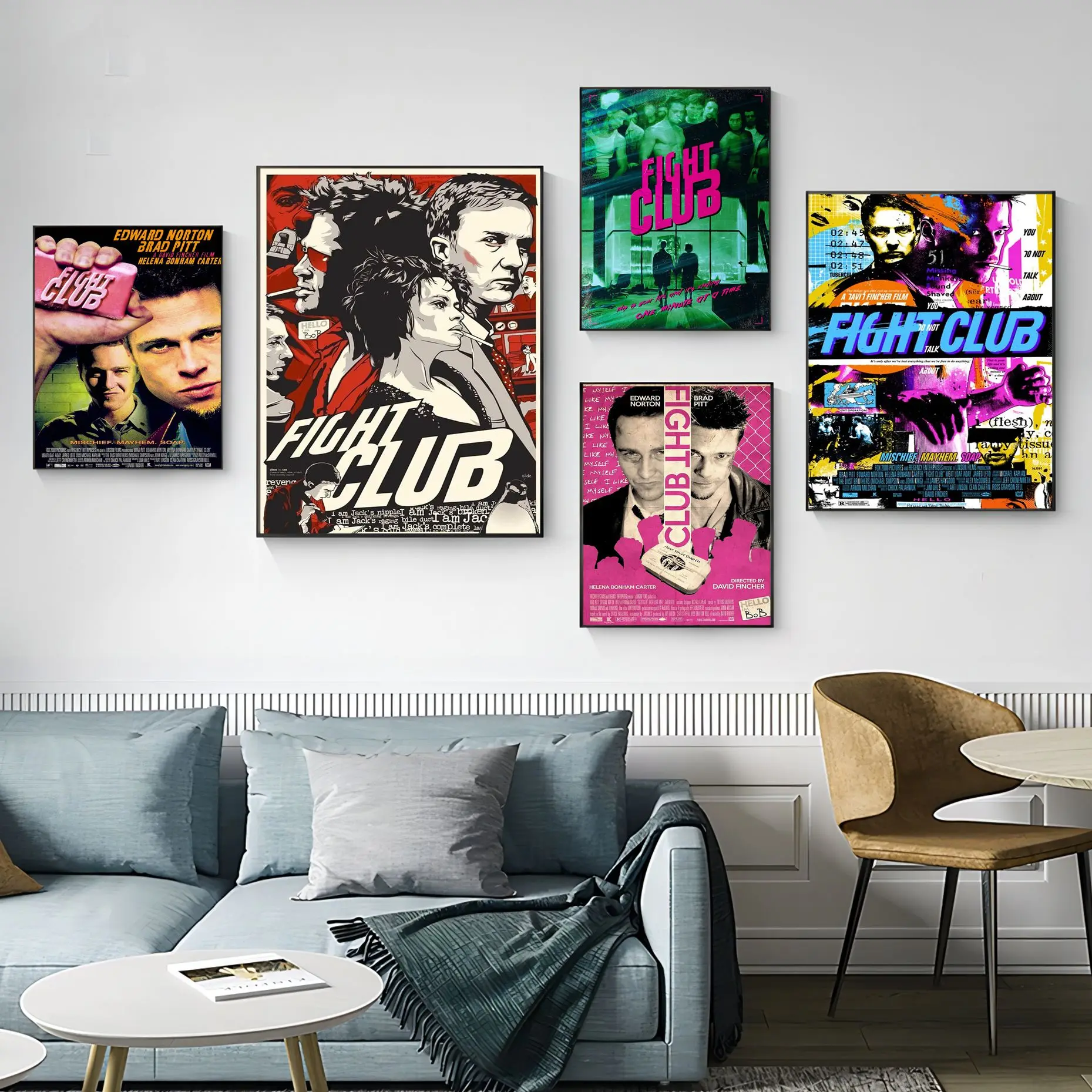 

Fight Club Movie Brad Pitt Film Whitepaper Poster Fancy Wall Sticker For Living Room Bar Decoration Kawaii Room Decor