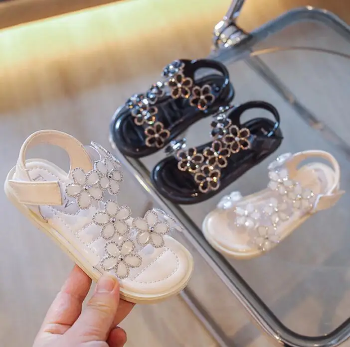 

Girls Sandals Children Crystal Shoes 2022 Summer Kids Glitter Shoes Sequined Rhinestone Pendants Open Toe Princess Leather Shoes