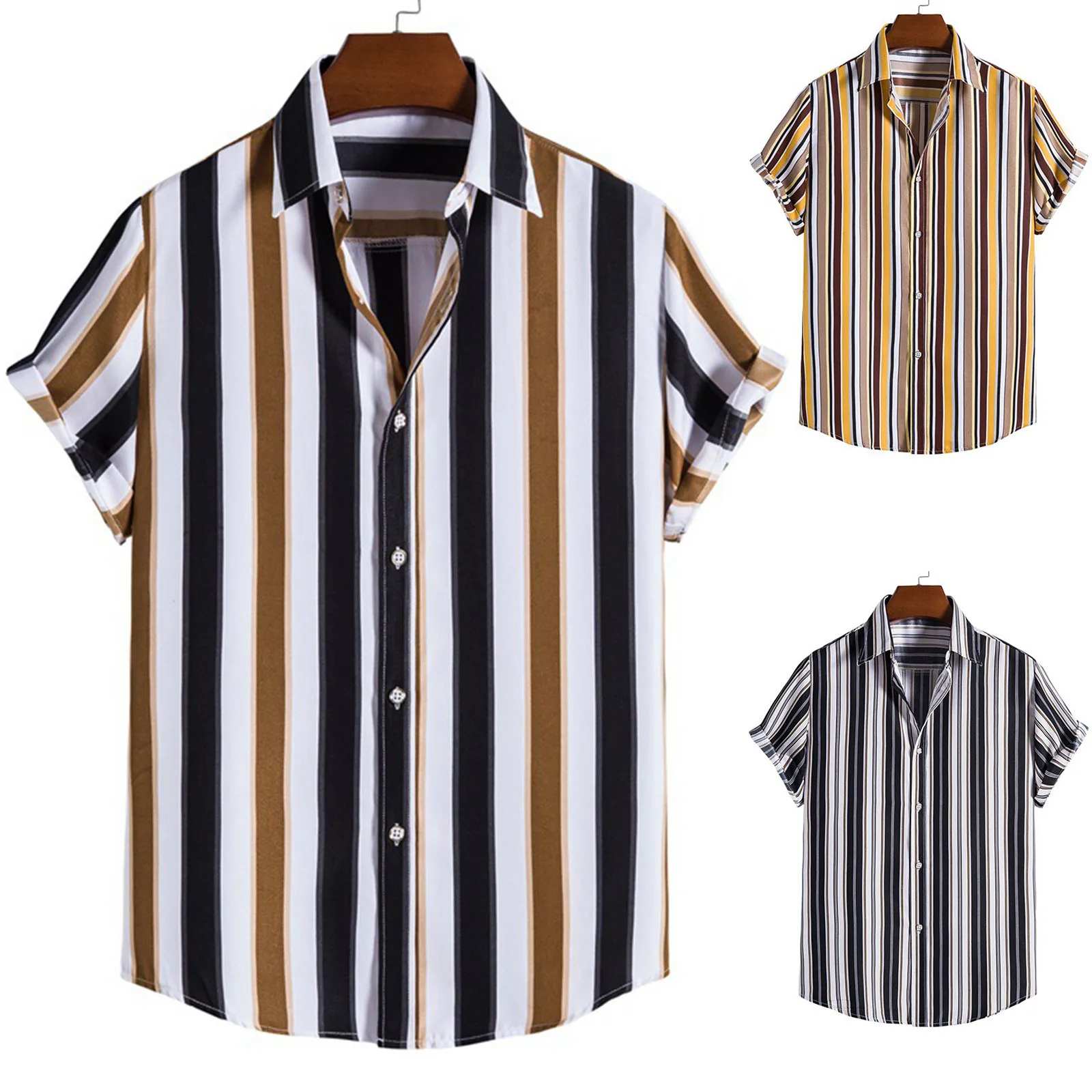 

Гавайская Мужская рубашка 2022, Пляжная рубашка, простая полосатая однобортная Мужская рубашка с коротким рукавом и отложным воротником, Сво...