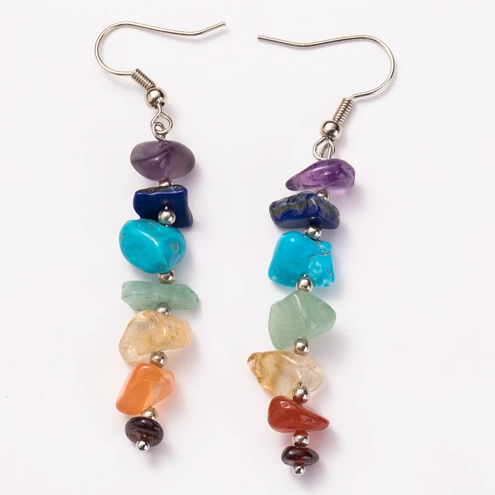 

12pcs Rainbow 7 Colors Natural Chip Stone Earrings Reiki Chakra Healing Amethyst Lapis Quartz Crystal Dangle Earrings for Women