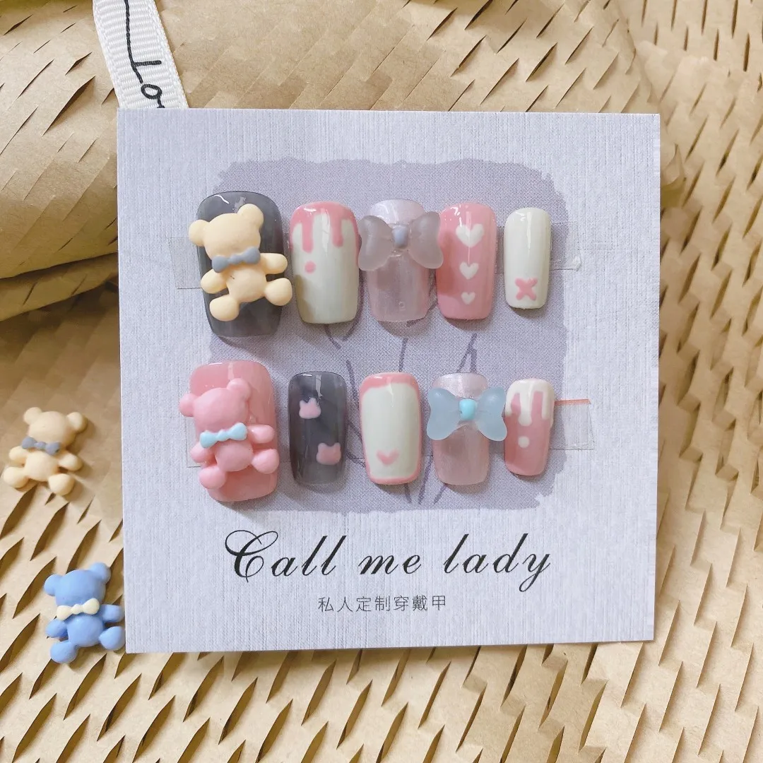 

Bear Kawaii Glue False Nail Bow 3d Korean Fake Nails Cute Press On Nails With Designs Short FingerNail Fake Reusable False Nails