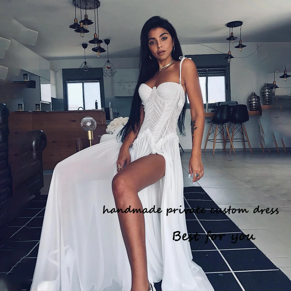 

Sexy Leg Split Wedding Dresses Pleats Chiffon Sweetheart Bride Dress Spaghetti Staps Long Beach Wedding Bridal Gowns