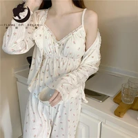flame of dream 2022 spring new sweet girl floral long sleeve knitted suspender pajamas three piece home clothes women 221597