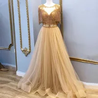 Aso ebi gold beaded see-through evening dress A-line fringed wedding party ball gown plus size custom