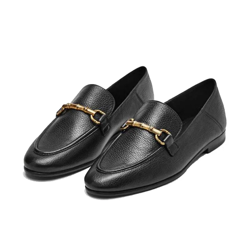 Brand England Style Fashion Simple Gold Buckle 100% Genuine Leather Sheep Soft Slip-On Loafers Women Summer Casual Flat Shoes