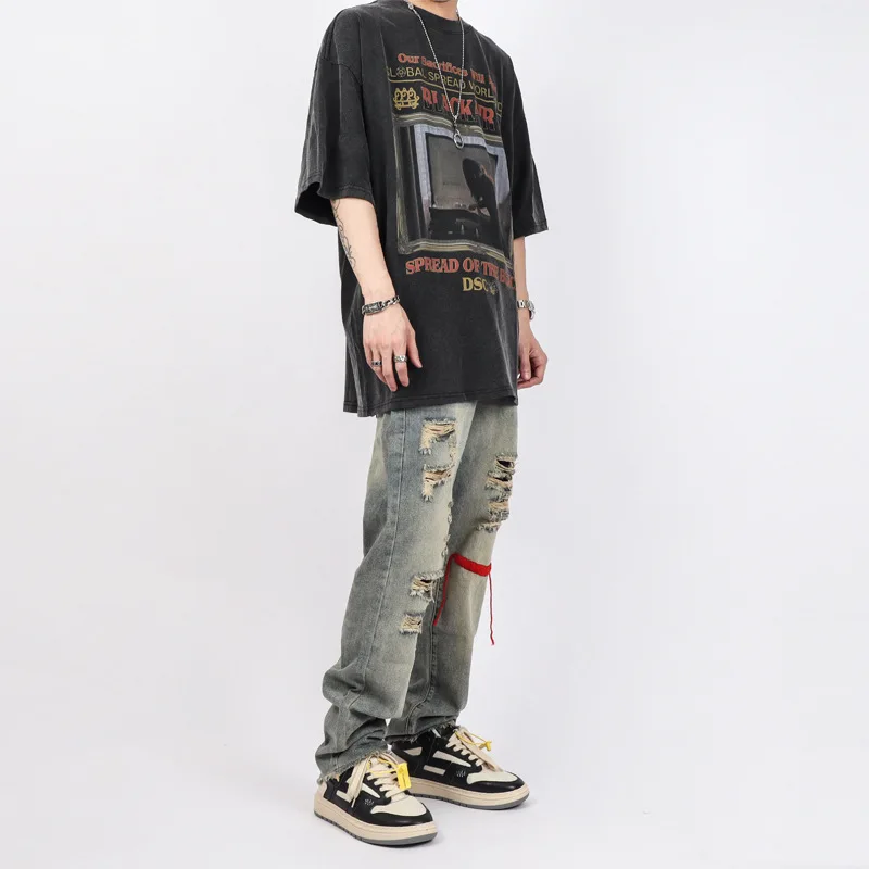 High Street Washing Vintage Streetwear Yellowing Beggars Holes Jeans Straight Fashion Men's and Women's Denim Pants