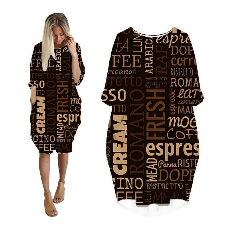 

dresses for womens pocket batwing long sleeve woman clothing korean fashion plus size ladies clothes midi female dress letter XH