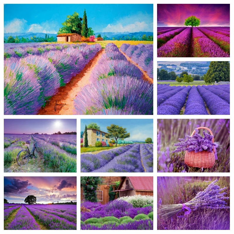 Provence Lavender Fields France Landscape Diamond Painting AB Drills Art Purple Flower Sunset Scenery Cross Stitch Mosaic Decor