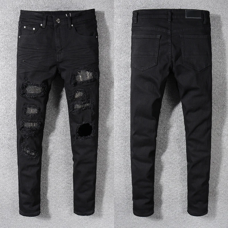 High Street Fashion Men Jeans Black Stretch Slim Ripped Jeans Men Hole Punk Trousers Patch Designer Hip Hop Brand Pants Hombre