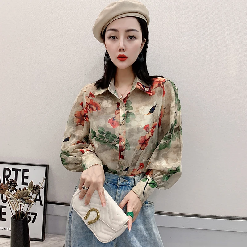 

Chiffon Women's Shirts Spring 2023 New Printed Casual Blouses Loose Long Sleeves Pockets Top Polo-neck Ladies Clothing YCMYUNYAN