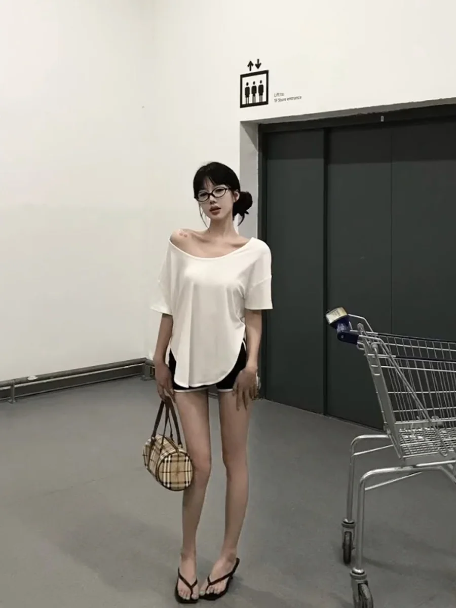 Универсальная Удобная футболка Sle в Корейском стиле с большим вырезом и