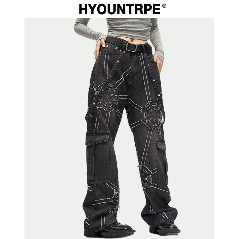 Punk Belt Denim Jeans Pants Women Harajuku Streetwear Side Pocket Cotton Men Unisex Casual Baggy Joggers Straight Pants Trousers