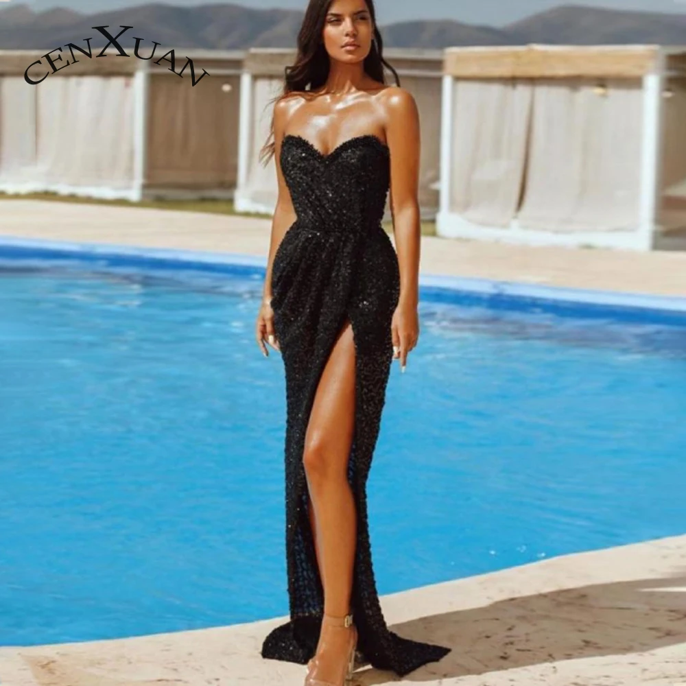 

CENXUAN Luxuriant Cocktail Gowns Sequins Pleat Sweetheart Backless Sleeveless Slit Mermaid 2023 Vestidos De Baile Custom Size