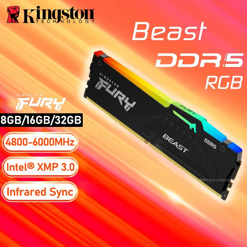 

Kingston DDR5 FURY Beast RGB Memory 4800MHz 5200MHz 5600MHz 6000MHz DDR5 8GB 16G 32G PC RAM Memoria Computer Desktop 1.2V 288Pin